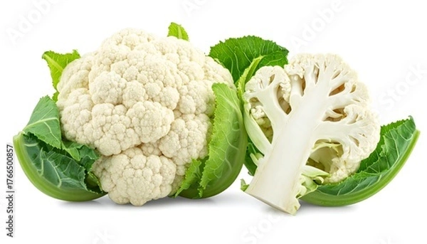 Obraz Healthy white cauliflower and a cross-section with green leaves