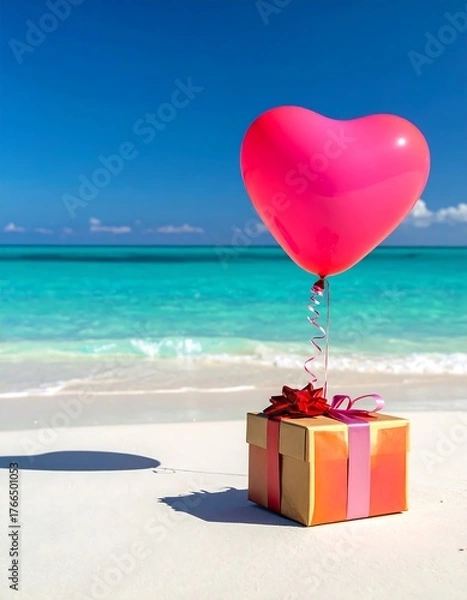 Obraz Heart-shaped balloon floats above gift on pristine beach, sunny skies