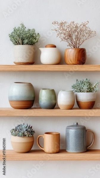 Fototapeta Array Of Rustic Ceramic Pots Holding Various Succulents And Greenery Arranged On Wooden Shelves Against A Textured White Wall