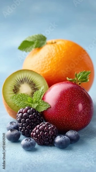 Fototapeta Assorted Fresh Fruits Including Orange Kiwi Blackberries And Blueberries Garnished With Mint Leaves On A Blue Textured Background With Soft Lighting