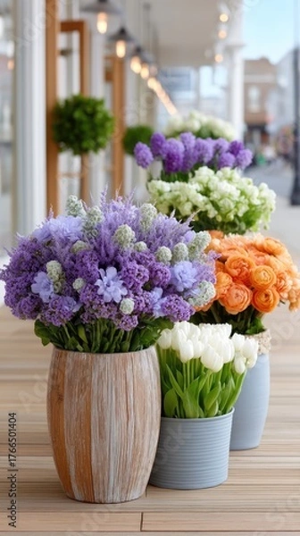 Fototapeta Assortment Of Colorful Flower Bouquets In Vases Arranged On Wooden Deck Outside Shop With Natural Lighting