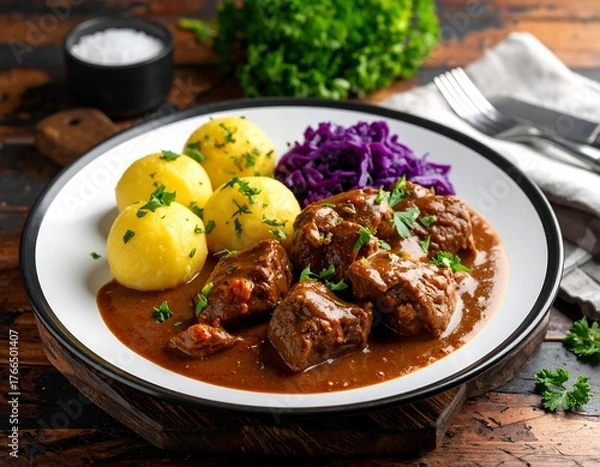 Obraz Hearty stew served with dumplings and red cabbage on a plate