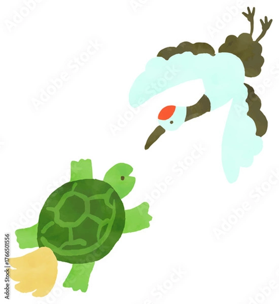 Obraz 鶴と亀の水彩風手描きイラスト