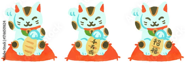 Obraz 招き猫の水彩風手描きイラストセット