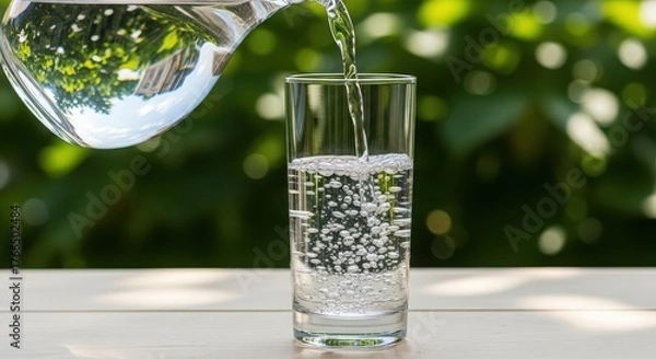 Fototapeta Clear water being poured from a glass pitcher into a tall glass creating bubbles isolated on white background