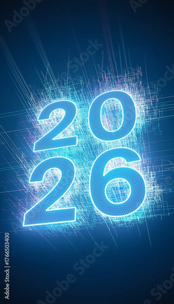 Fototapeta Vertical illustration - abstract neon light in blue with the numbers 2026 - represents the new year - vacation concept.
