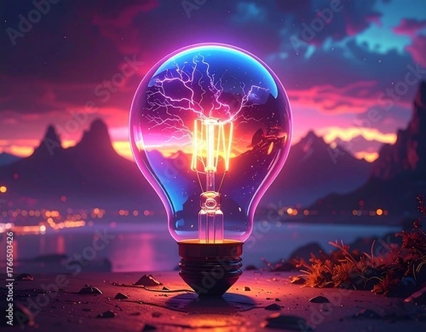 Fototapeta Lightbulb filled with lightning, set against a mountainous dusk
