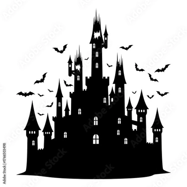 Fototapeta Spooky dark castle silhouette with bats