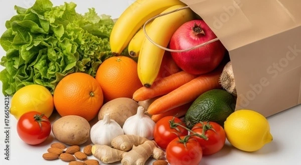 Fototapeta A brown paper grocery bag overflowing with fresh fruits and vegetables isolated on white background