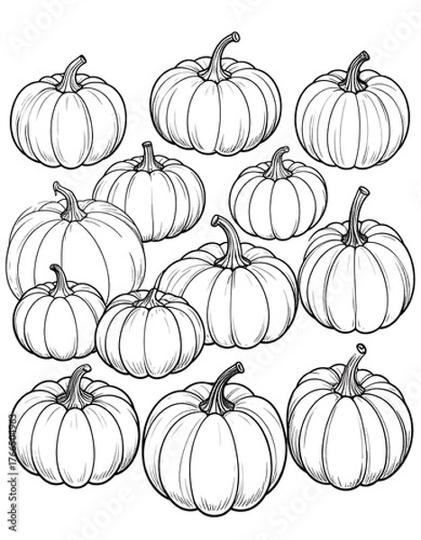 Fototapeta Line art illustration of various pumpkins in a scattered arrangement