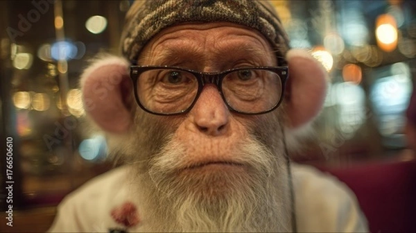 Fototapeta Close-Up Portrait Of A Monkey With Glasses And Knit Hat In City Night Lights