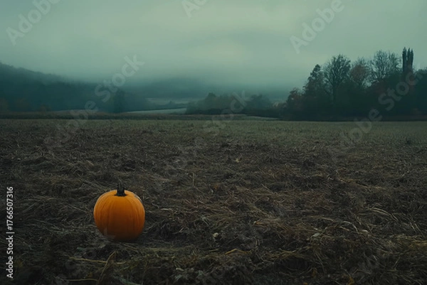 Obraz Lone Pumpkin in Foggy Autumn Field with Rolling Hills – Moody Seasonal Landscape.