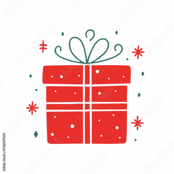 Obraz red Christmas gift. Naive style kid's drawing. 