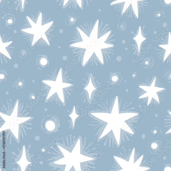 Fototapeta Abstract vector magic hand drawn seamless pattern in white and blue colors. Design with white stars and crystals for textile print, page fill, wrapping paper, web, cover