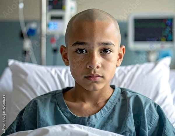 Obraz A young patient with a shaved head looks straight at the viewer in a hospital bed