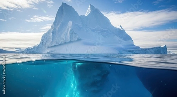Fototapeta Massive iceberg floating in arctic ocean with underwater view showing glacial ice formations isolated on white background
