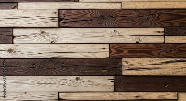 Fototapeta Rustic wooden planks with alternating dark and light brown textures arranged horizontally isolated on white background