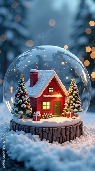 Obraz A cozy red house with glowing windows sits beside a festive Christmas tree inside a snow globe, surrounded by twinkling lights and falling snow against a dreamy winter backdrop.