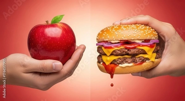 Fototapeta Two hands holding a red apple and a double cheeseburger with dripping sauce isolated on white background
