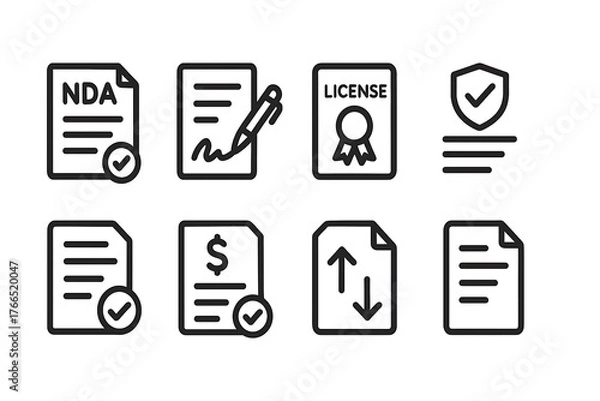 Obraz Line icons for legal agreements and business contracts. NDA, digital signature, license, insurance, compliance, conditions of payment, and upload-download paper vector illustration are all included