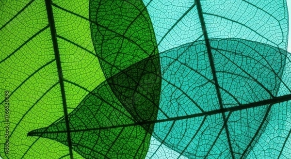 Fototapeta Close up of translucent green and teal skeletonized leaves showing intricate vein patterns isolated on white background