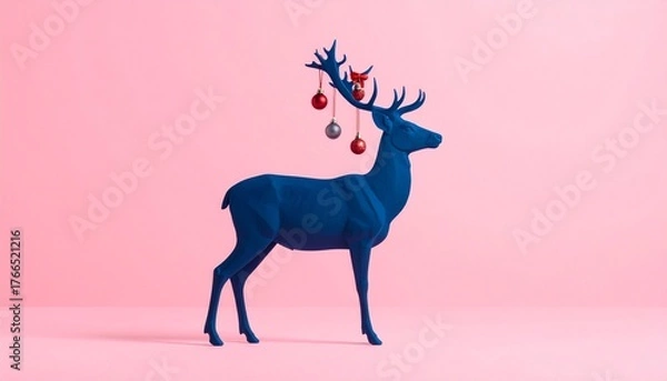 Obraz Dark deer silhouette with ornamented antlers on pink background