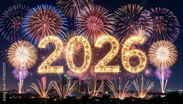 Obraz “2026” formed by fireworks over water with city silhouettes
