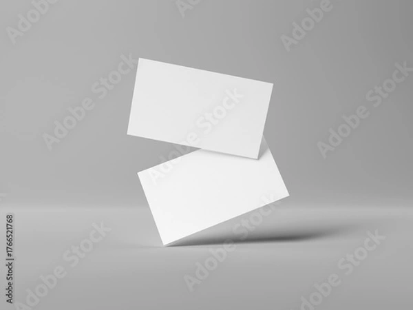 Fototapeta Two business cards floating on white background Mockup. Blank american size calling card. 3D rendering