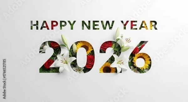 Fototapeta Happy new year 2026 text with floral elements and confetti isolated on white background