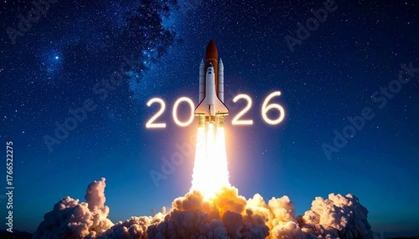 Obraz Rocket launch beneath glowing “2026” in starry night sky