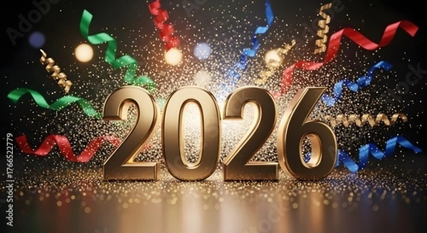 Obraz Elegant golden 2026 numbers celebrating the New Year with a festive explosion of shimmering confetti and colorful streamers on a dark background