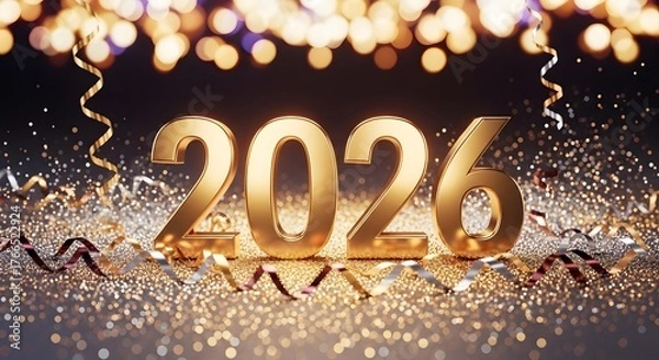 Obraz Sparkling Golden 2026 Celebration with Glittering Confetti and Elegant Bokeh Lights on a Dark Festive Background, Ideal for New Year's Eve, Milestones, and Future Event Design