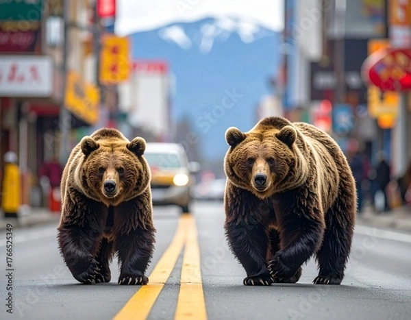 Obraz 街の中を歩く熊