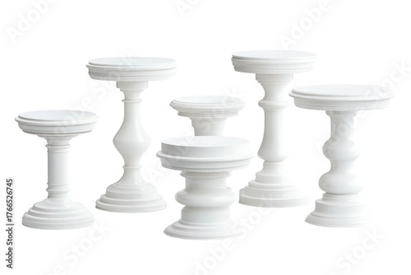 Obraz Collection of white decorative pedestals isolated on transparent background. Collection set of white pedestal tables isolated on white background.