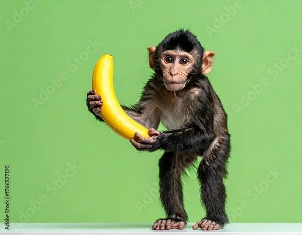 Obraz A young primate stands with a yellow fruit, bright background