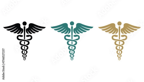 Obraz Three Caduceus symbols in black teal and gold on white background medical symbol healthcare