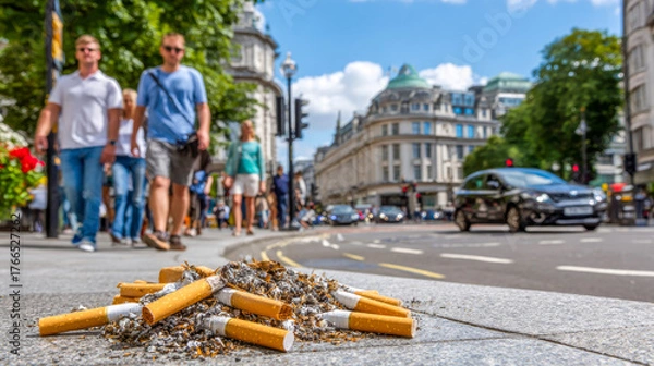 Fototapeta City street scene captures a pile of discarded cigarette butts in the foreground while people stroll by and cars pass on a sunny day in a bustling urban environment