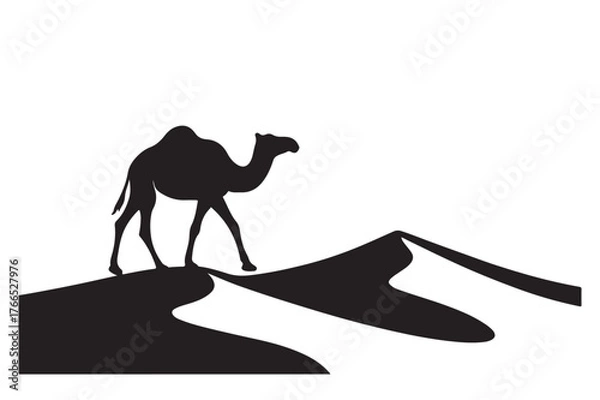 Fototapeta A silhouette illustration of a wild camel mammal running in the desert, like a black horse or donkey animal