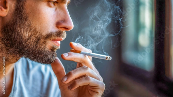 Fototapeta Quiet moments of reflection as a man gazes out the window, smoke curling gently from his cigarette in a softly lit room during the late afternoon