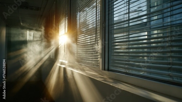 Obraz Dust motes float in the air as dramatic rays of sunlight filter through the blinds in a dark office corridor.