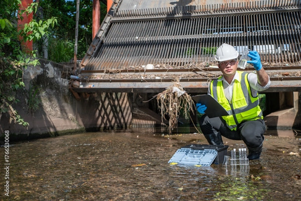 Obraz Environmental engineer collect water samples from drainage canals around the city and quality test