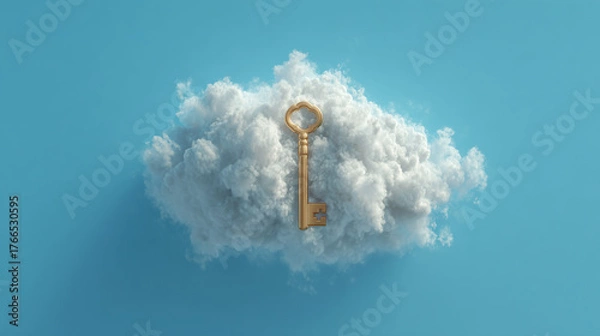 Fototapeta A key to success lies in the sky, represented by a cloud with a golden key embedded, against a light blue background. It symbolizes dreams.