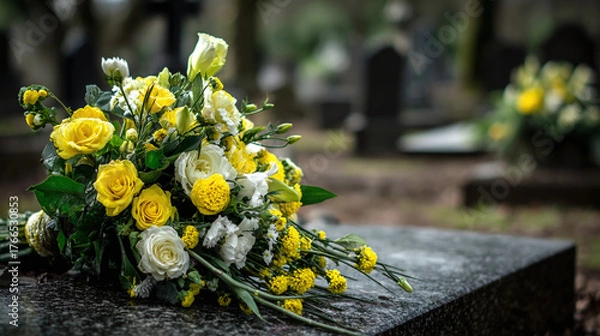 Fototapeta Bouquet of yellow and white roses and foliage, set on a granite tombstone with a blurred graveyard background. A tribute to the departed.
