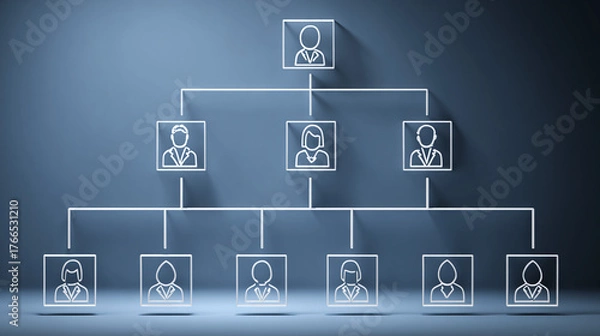Fototapeta Organization chart illustrating hierarchy levels and reporting relationships. The image shows the arrangement of positions with clean design.