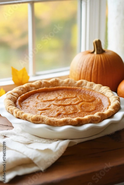 Obraz Pumpkin Pie on Windowsill with Fall Foliage and Pumpkin – Cozy Autumn Scene.