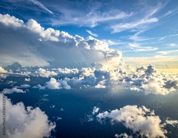 Fototapeta Aerial view of cumulus clouds over deep blue ocean, bright sunlight