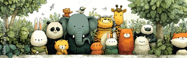 Obraz Cute Jungle Animals with Smiling Faces.