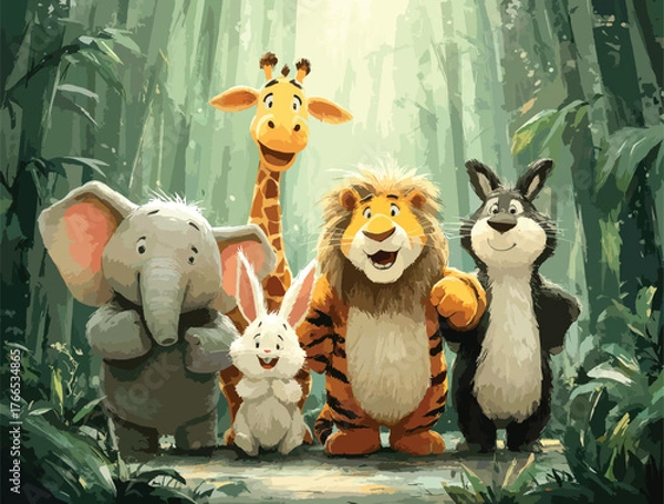 Obraz Happy Jungle Characters Digital Drawing.