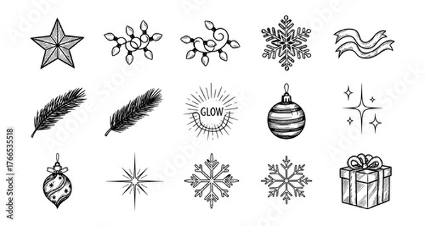 Obraz Hand drawn christmas elements set with snowflakes, stars, and ornaments