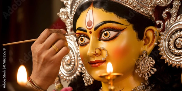 Fototapeta Artist meticulously paints the eye of a durga idol preparing for festival
